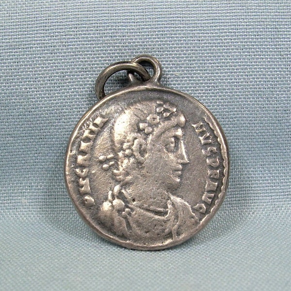 Pendentif pièce de monnaie ROME STERLING - argent 925 vintage - souverain de l'empire romain Constantinople Valentinien II - réplique ancienne relique médaillon