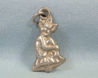 STERLING CORNISH PIXIE Charm Pendant-Vintage 925 Silver-Little Wee Fairy Folk Sits On His Toadstool Mushroom-Magical Mythical Folklore Tales