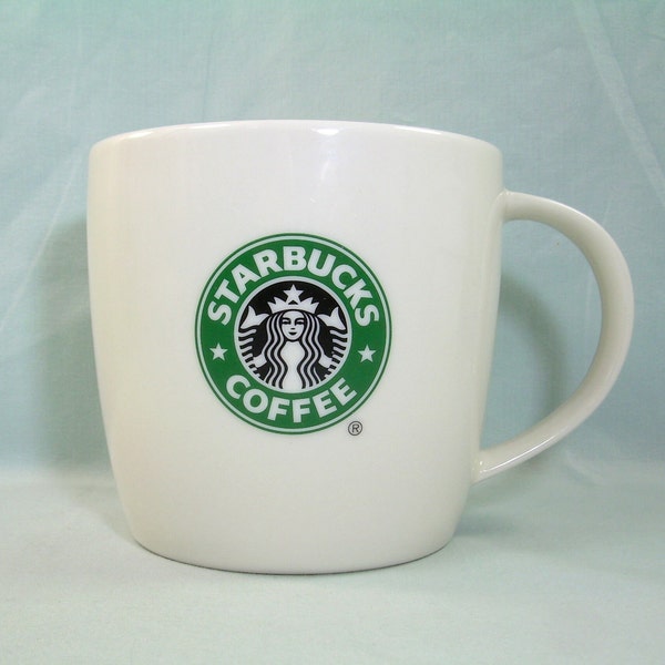 STARBUCKS WHITE Split Tail Green Siren Mermaid Coffee Mug Tea Cup-Famous Seattle WA Coffee Shop-Old Black Background Logo 1992-2011