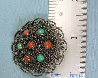 Broche Ancienne Chinoise En Argent Filigrane – Ornée De Corail, Turquoise Et Lapis Lazuli, Occasion Bon état