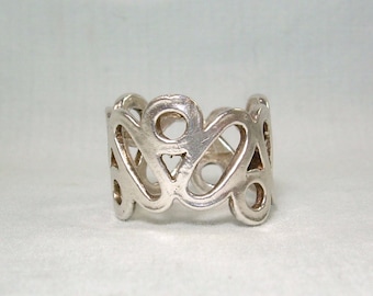 STERLING STENCIL Wide Band Ring Size 5-1/2 Vintage 925 Silver-Cut Out Round Circles & Ovals Making Squiggles-Abstract Biomorphic
