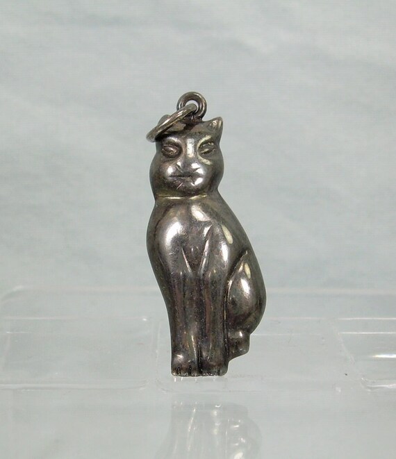 Vintage 70s Silver Cat Head Puffy Pendant 3D Double Sided