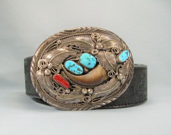 STERLING NAVAJO Buckle & Leather Belt-Vintage 925 Silver-M Thomas Jr Hallmark-Blue Turquoise-Red Coral-Southwest New Mexico Native Indian