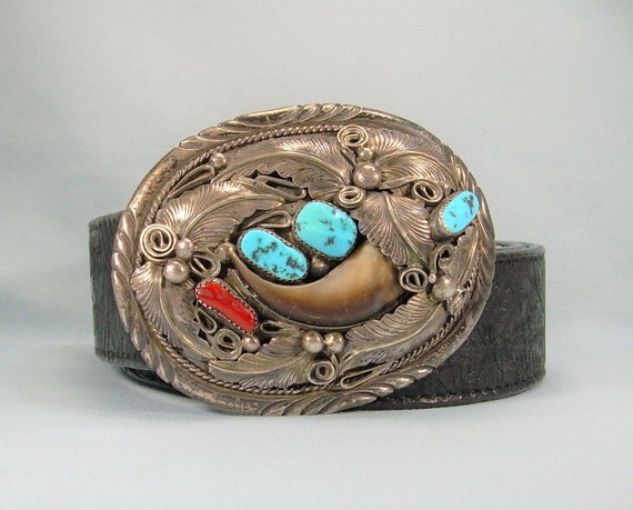 STERLING NAVAJO Buckle & Leather Belt-Vintage 925… - image 1