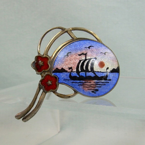 STERLING NORWEGIAN Midnight Sun Viking Ship Pin Brooch-Vintage Antique Gold 925 Silver-Guilloche-Enamel-Aksel Holmsen Hallmark-Flowers