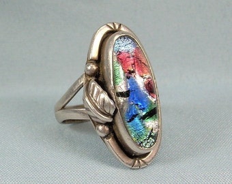 STERLING DICHROIC Glass Ring Size 6-1/2 Vintage 925 Silver-Mexico Foil Dragons Eye-Blue Green Pink Purple-Balls Leaf Feather Notched Oval