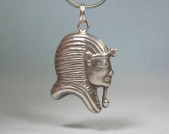 1" 800 SILVER EGYPT PHARAOH Tut Pendant-Vintage Almost Sterling-Hollow Puffy Repousse-Egyptian Hallmark-Boy King Tutankhamen Face Bust Head
