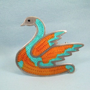 1-1/2&quot; STERLING SWAN Bird Brooch Pin-Vintage Guilloche 925 Silver-Collectible Taxco Mexico Eagle 3 EDF Hallmark-Blue Orange Enamel-Avian Art