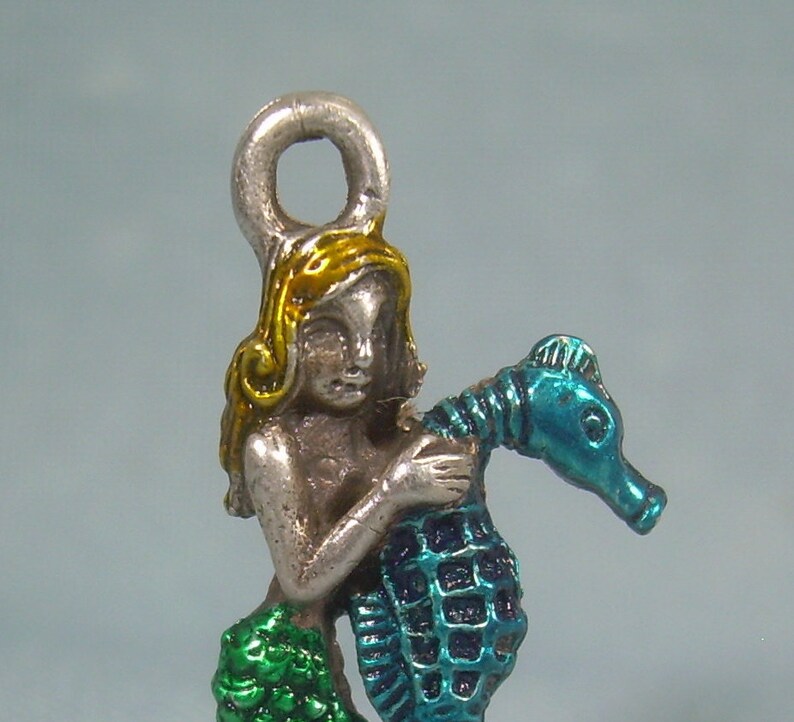 STERLING MERMAID RIDING Seahorse Pendant Charm-Vintage Silver-Blue Green Yellow Enamel-3D Double Sided-Sailor Siren Maiden Ocean Sea Horse