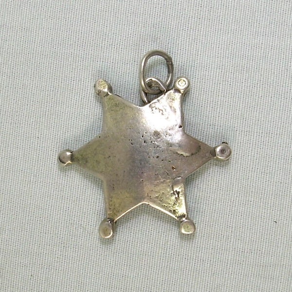 STERLING SHERIFF Badge Pendant Charm Fob-Vintage 925 Silver-Country Western Cowboy Marshal Law-Six Point Star-Handmade Crafted-Thick Big