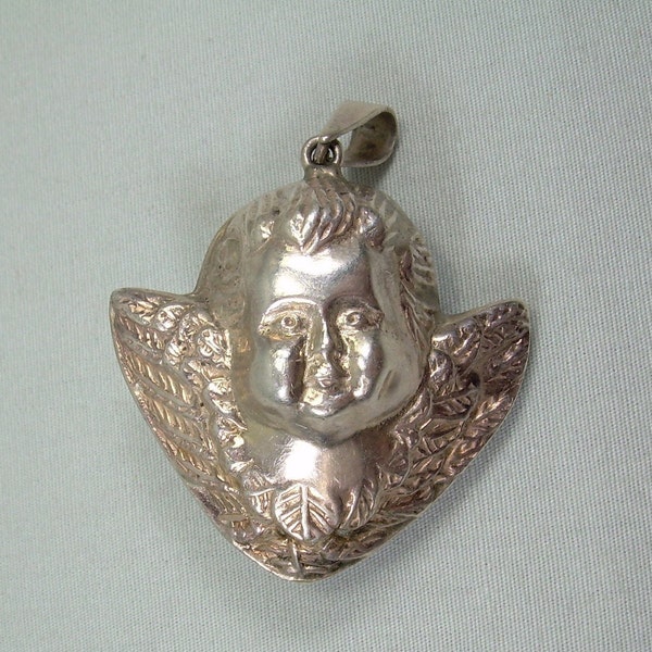 STERLING CHERUB Pendant Fob-Vintage 925 Silver-Repousse Hollow Puffy Winged Putti Cupid Heavenly Guardian Angel-Religious Miniature Ornament