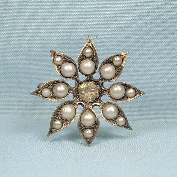 STERLING FLOWER Pin Brooch-Vintage Antique 925 Silver-Natural Pearls-Clear Rhinestone-Eight Point Floral-Designer Fish Hallmark-Well Made