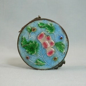 Médaillon fleur antique chinois - laiton argenté vintage - émail - feuilles de lotus compartiment secret hydrique tabatière à pilules - mini miniature