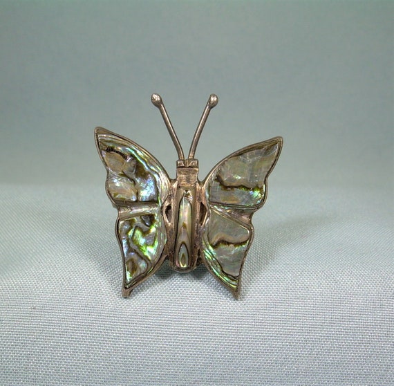 STERLING ABALONE BUTTERFLY Pin Brooch-Vintage 925… - image 1