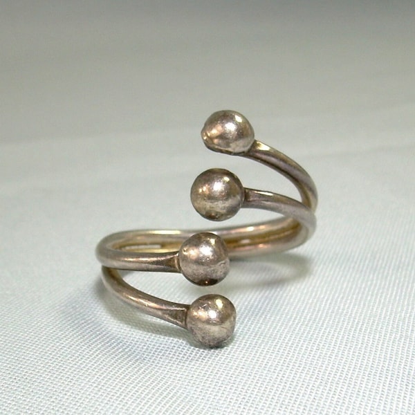 STERLING BALLS WRAP Ring Adjustable Size-Vintage 925 Silver-Finger Cuff Bypass Bi Pass By Pass Wire-Celestial Scatter Orbs Spheres Bubbles