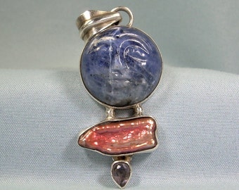 STERLING CELESTIAL Pendant-Vintage 925 Silver-Indigo Quartz Face-Pink Biwa Pearl-Purple Amethyst-Man In The Moon-Wiccan Pagen Lunar Goddess