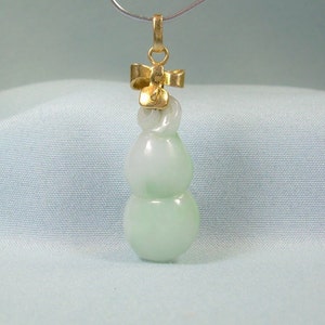 1-1/2&quot; 14K JADE GOURD Hulu Pendant-Antique Vintage 14kt Gold 585au-Carved Green Jadeite-Asian Chinese Amulet Talisman-Longevity Fortune Luck