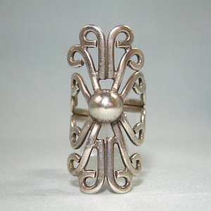 9.1g STERLING SCROLLS Ring Adjustable-Vintage 925 Silver-Fancy Ornate Cut Out Curls-Likely Made In Mexico-Sturdy Large Knuckle Statement