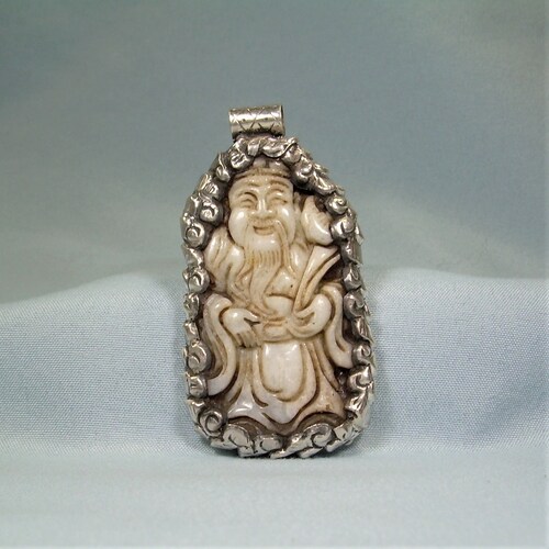 STERLING JADE BUDDHA Slide Pendant-Vintage Carved Budai Putai Hotei-Asian Chinese Nepal Tibetan-Good Luck shops Lucky Immortal Deity-White Jadeite