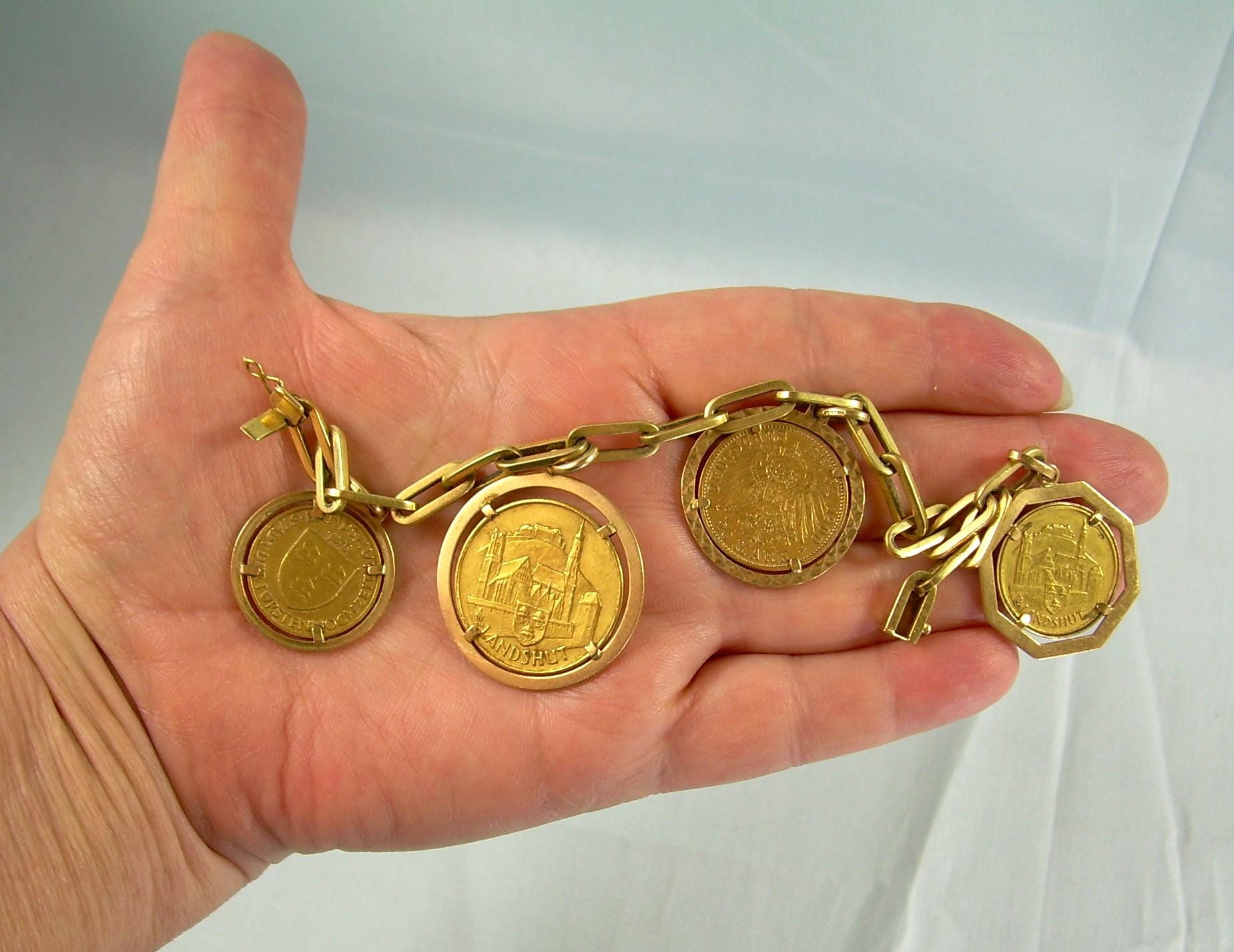 56.7g 24K Gold Antique Bavarian Coins on 18K Link Bracelet-solid