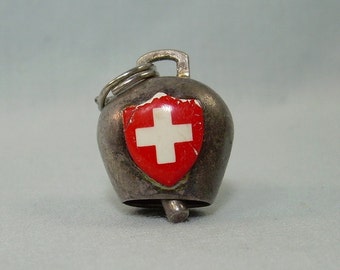 800 SILVER SWITZERLAND Cow Bell Pendant Charm-Vintage Chn Hallmark-Almost Sterling-Red White Enamel Swiss Flag Suisse Crest