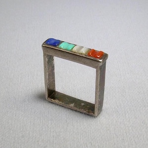 STERLING NAVAJO SQUARE Band Ring-Vintage 925 Silver-Peyote Bird Pb Hallmark-Carved Cobblestone-Red Coral-White MoP-Blue Turquoise Lapis
