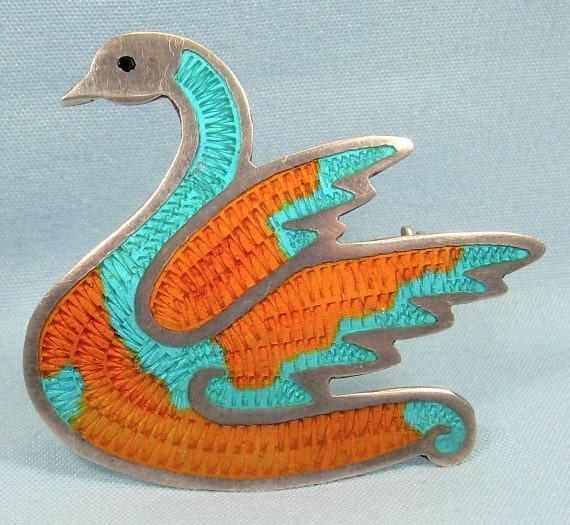 STERLING SWAN Bird Brooch Pin-Vintage Guilloche 9… - image 2