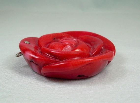 BIG STERLING CORAL Rose Pendant-Vintage 925 Silve… - image 8