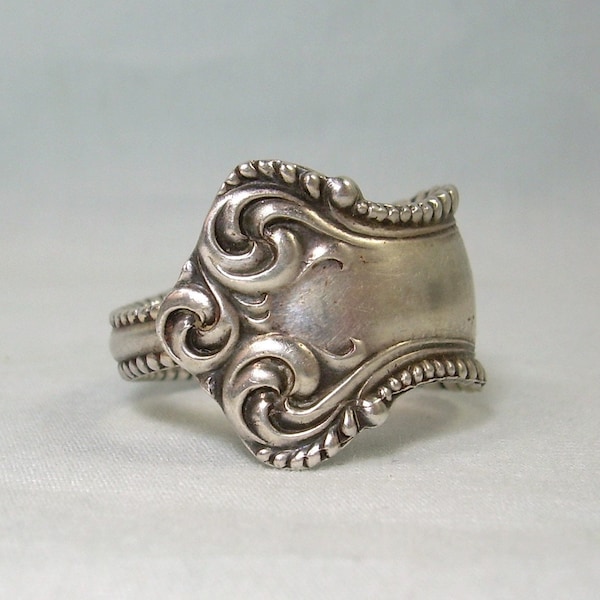 STERLING ANTIQUE Spoon Ring-Vintage 925 Silver-Bypass Bi Pass BiPass Wrap-Art Nouveau Victorian Edwardian-Scrolls Plumes Whisps-Copyrighted