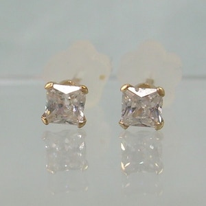 10K CZ Square Post Studs Earrings-Vintage Solid 10kt 417 AU Yellow Gold-Bright Clear Gems-Rubber Backings-Wee Bit Tiny Little Small Dainty
