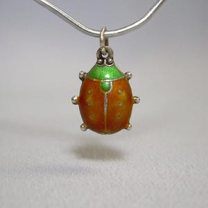 Puede incluir: Un amuleto de plata con forma de mariquita con esmalte naranja y verde.