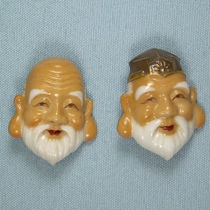 JAPANESE TOSHIKANE IMMORTALS Button Pair-Antique Vintage Painted Porcelain-Tokyo Japan-2 of 7 Gods Of Longevity Juro Jin-Wisdom Fukuroku Ju