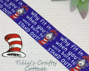 1.5" Cat Character With Stripe Hat Grosgrain Ribbon, Dr Seuss Grosgrain Ribbon, Why Fit In Printed Ribbon, Hair Bow, Craft - Planar Resin