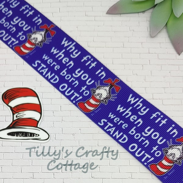 1.5" Cat Character With Stripe Hat Grosgrain Ribbon, Dr Seuss Grosgrain Ribbon, Why Fit In Printed Ribbon, Hair Bow, Craft - Planar Resin