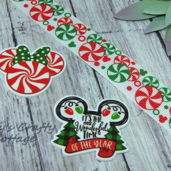 7/8" Mickey Mouse Inspired Christmas Grosgrain Ribbon, Peppermint Candy Cane, DIY, Hair Bow, Craft - Planar Resin - Fold Over Elastic - FOE