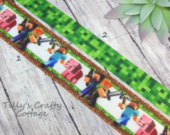 7/8" or 1.5" Pixel Miner Character Steve Video Game Grosgrain Ribbon,  Green Pixel Ribbon, DIY Printed Ribbon, Hair Bow, Craft
