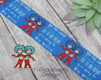 1.5" Blue Cat Character Grosgrain Ribbon, Dr Seuss Grosgrain Ribbon, Thing Storybook Printed Ribbon, Hair Bow, Craft - Planar Resin