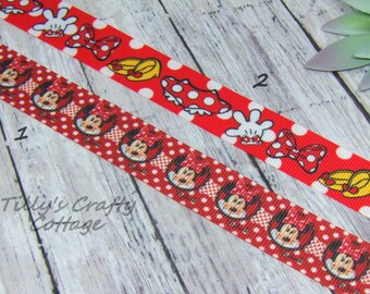 7/8" Girl Mouse Inspired Grosgrain Ribbon, Red Black Polka Dot DIY Printed Ribbon, Hair Bow, Craft - Planar Resin
