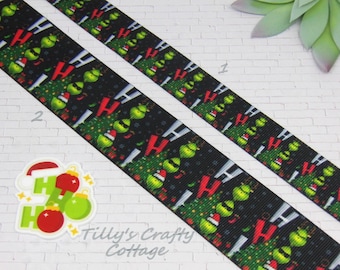 7/8" or 1.5" Green Ho Ho Ho Character Face Grosgrain Ribbon, Christmas Holiday Ribbon, DIY Printed Ribbon, Hair Bow, Craft, Planar Resin