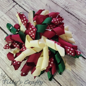 4&quot; Boutique Curly Korker Hair Bow Clip, Burgundy Green Cream Christmas Holiday Print Polka Dot, Pony Tail , Pig Tail