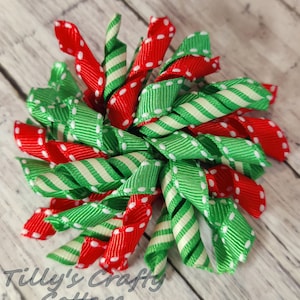 4&quot; Boutique Curly Korker Hair Bow Clip, Red Green Cream Christmas Holiday Print Polka Dot Stripe, Pony Tail , Pig Tail