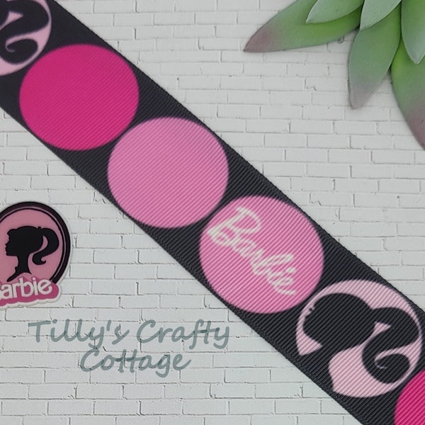 1.5" Girl Doll Silhouette Pink Black Grosgrain Ribbon,  Movie Inspired Polka Dot Grosgrain Ribbon, DIY Printed Ribbon, Hair Bow, Craft Resin