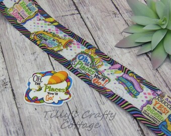 1.5" Places You Will Go Grosgrain Ribbon, Dr Seuss Grosgrain Ribbon Cat Character Balloon DIY Printed Ribbon, Hair Bow, Craft - Planar Resin