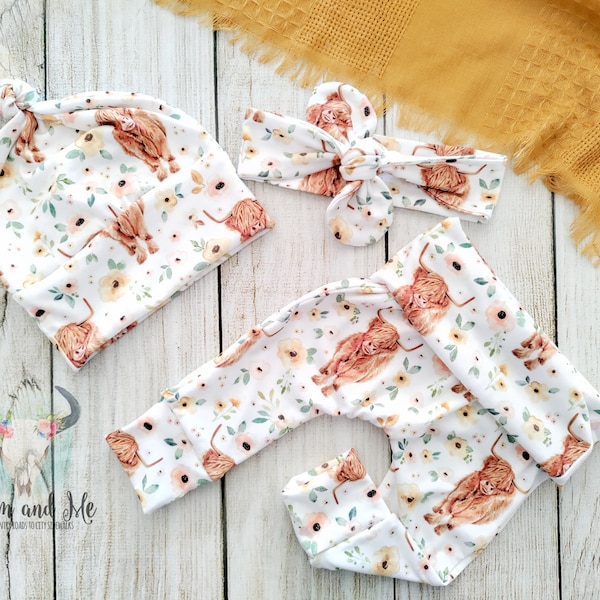 Baby Mädchen Boho Highland Kuh Geschenk Set- Neugeborenen Boho Baby Girl boho gypsy Coming Home Outfit, Highland Kuh Baby Kinderzimmer Babyparty