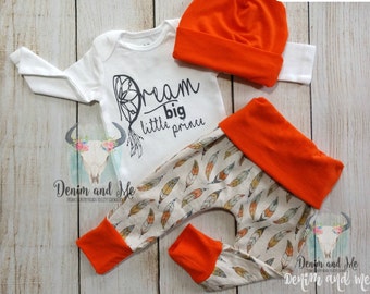 Dream Big little Prince Baby Boy  Gift Set- Tribal Feathers Newborn Baby Boy Tribal Boho Coming Home Outfit