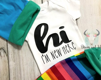 Baby Boy Rainbow Baby Bodysuit Gift Set- Newborn Hi I'm New Here Baby Boy Coming Home Outfit, Rainbow Baby Nursery Baby Shower