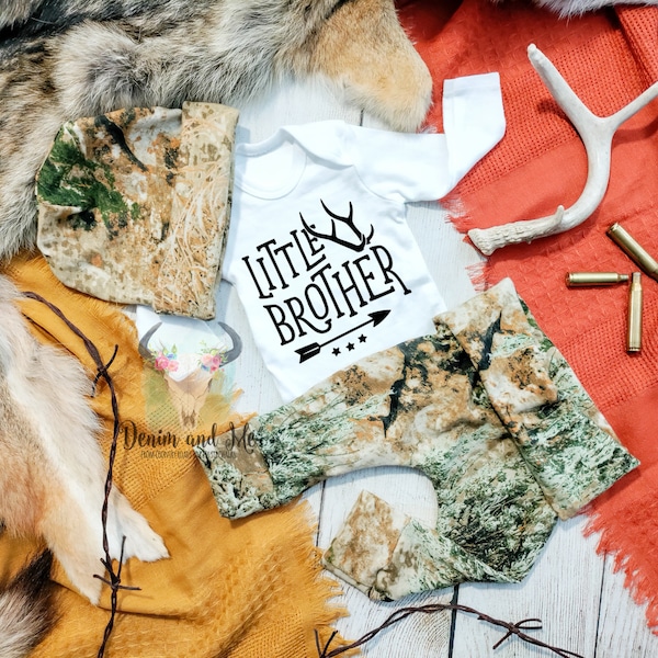 Baby Boy Camo Little Brother Bodysuit Gift Set- Newborn Hunting Baby Boy Camo Coming Home Outfit, Camo Baby Nursery Baby Shower