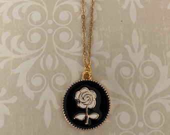 white rose necklace, white rose jewelry, white rose pendant, black white necklace, dainty rose necklace, rose flower necklace, rose necklace