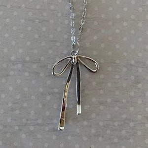 silver bow necklace, bow necklace, bow jewelry, bow pendant, bow pendant necklace, simple bows, silver bow jewelry girly jewelry, bow gift