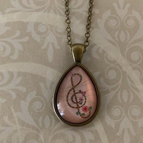 pink floral & bronze treble clef necklace, music gift, music necklace, music jewelry, music pendant, treble clef necklace, gift for musician